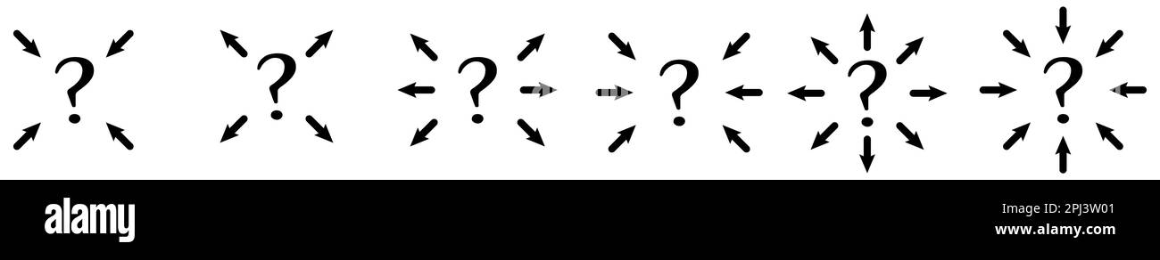Frecce che indicano l'icona del punto interrogativo. Versione con punti verso l'esterno e verso l'interno. Illustrazione Vettoriale
