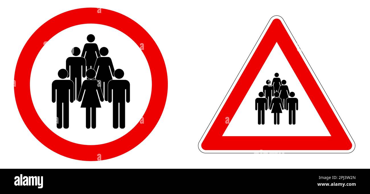 Icona di folla o gruppo di persone in cerchio rosso e triangolo - segnale di avvertenza o non consentito Illustrazione Vettoriale