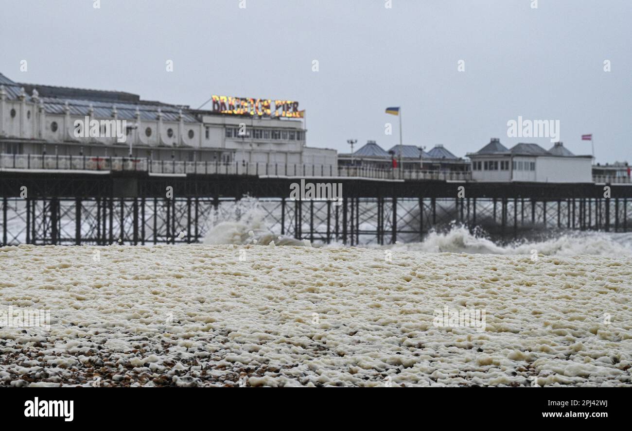 Brighton UK 31st marzo 2023 - le onde si schiantano sul lungomare di Brighton questa mattina dal molo con la spiaggia coperta di schiuma di mare come tempeste battono la costa meridionale oggi con i venti previsti per raggiungere 70mph in alcune aree: Credit Simon Dack / Alamy Live News Foto Stock