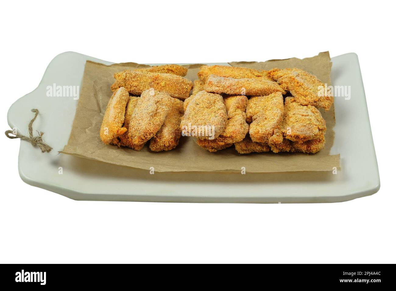 Confezionamento gustosi pepite su sfondo bianco. Cucina casalinga. Fast food. Foto Stock