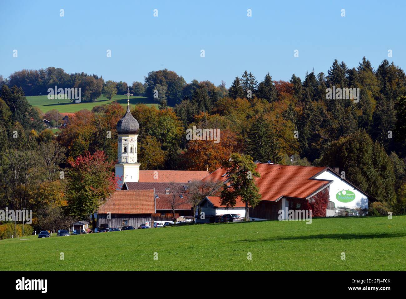 Germania, alta Baviera, Fischbach bei Bad Tölz: Chiesa parrocchiale con cupola a cipolla, costruita nel 1671-6. Foto Stock