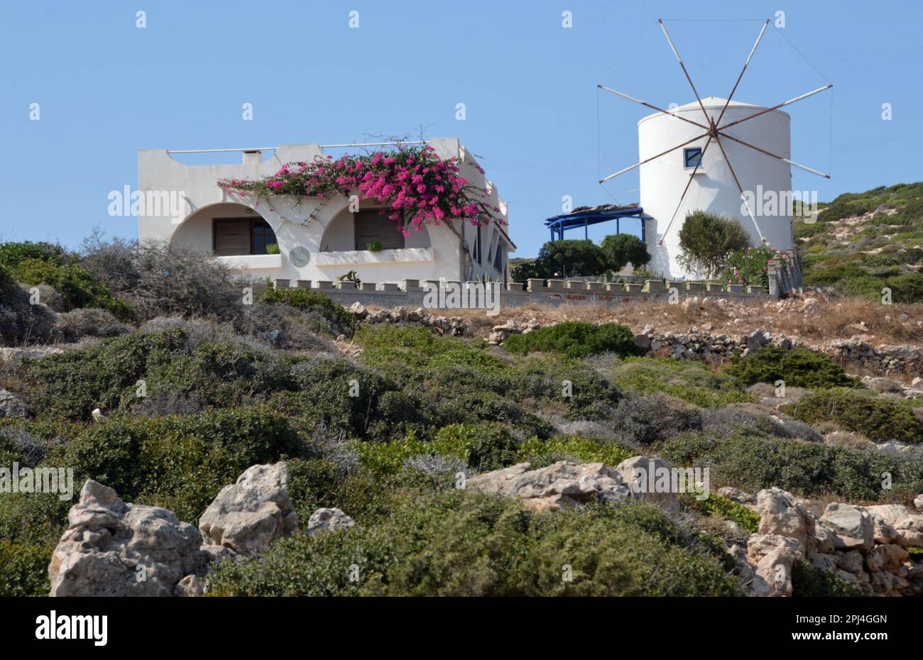 Grecia, Isola di Donoussa, Mersini: Attraente dimora sul pendio, con bougainvillea e vecchio mulino a vento adiacente. Foto Stock