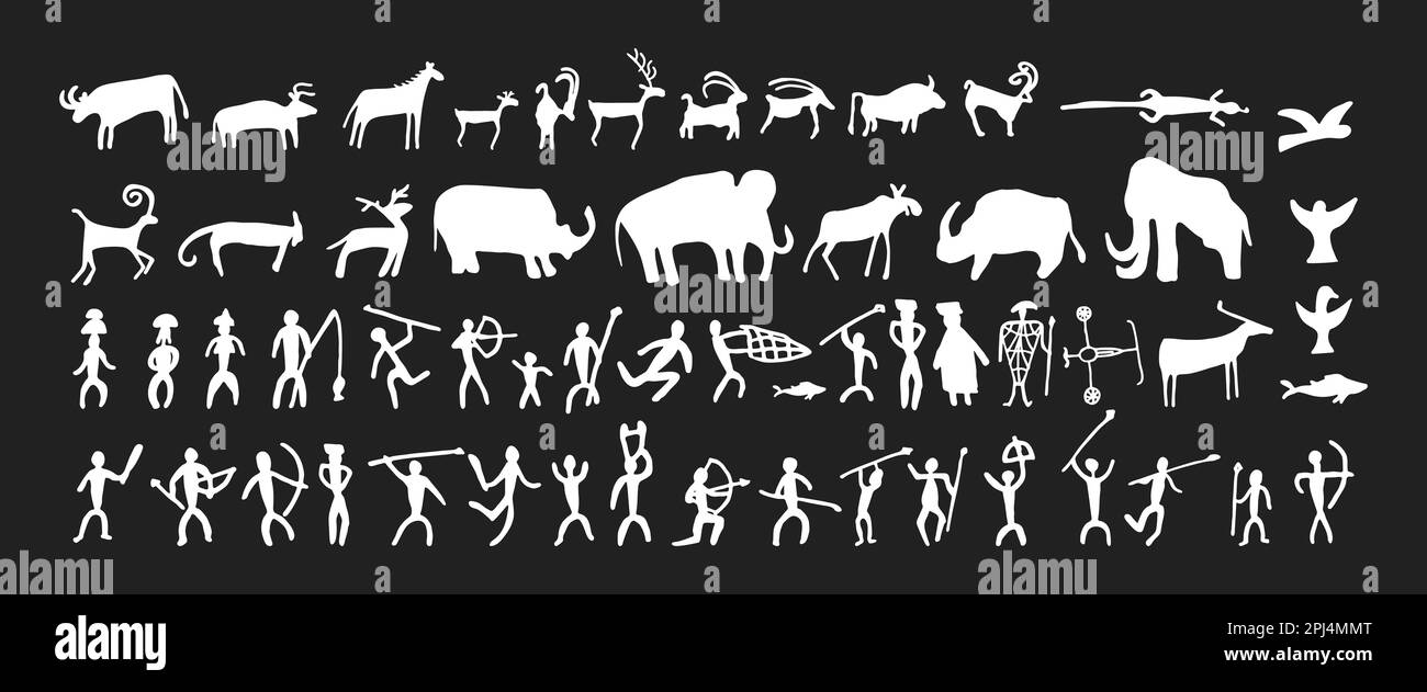 Grotta pittura preistorica arte rock disegnata a mano schizzo stile vettoriale set di illustrazioni. Pitture rupestri dell'età della roccia con animali selvatici preistorici, tribali Illustrazione Vettoriale