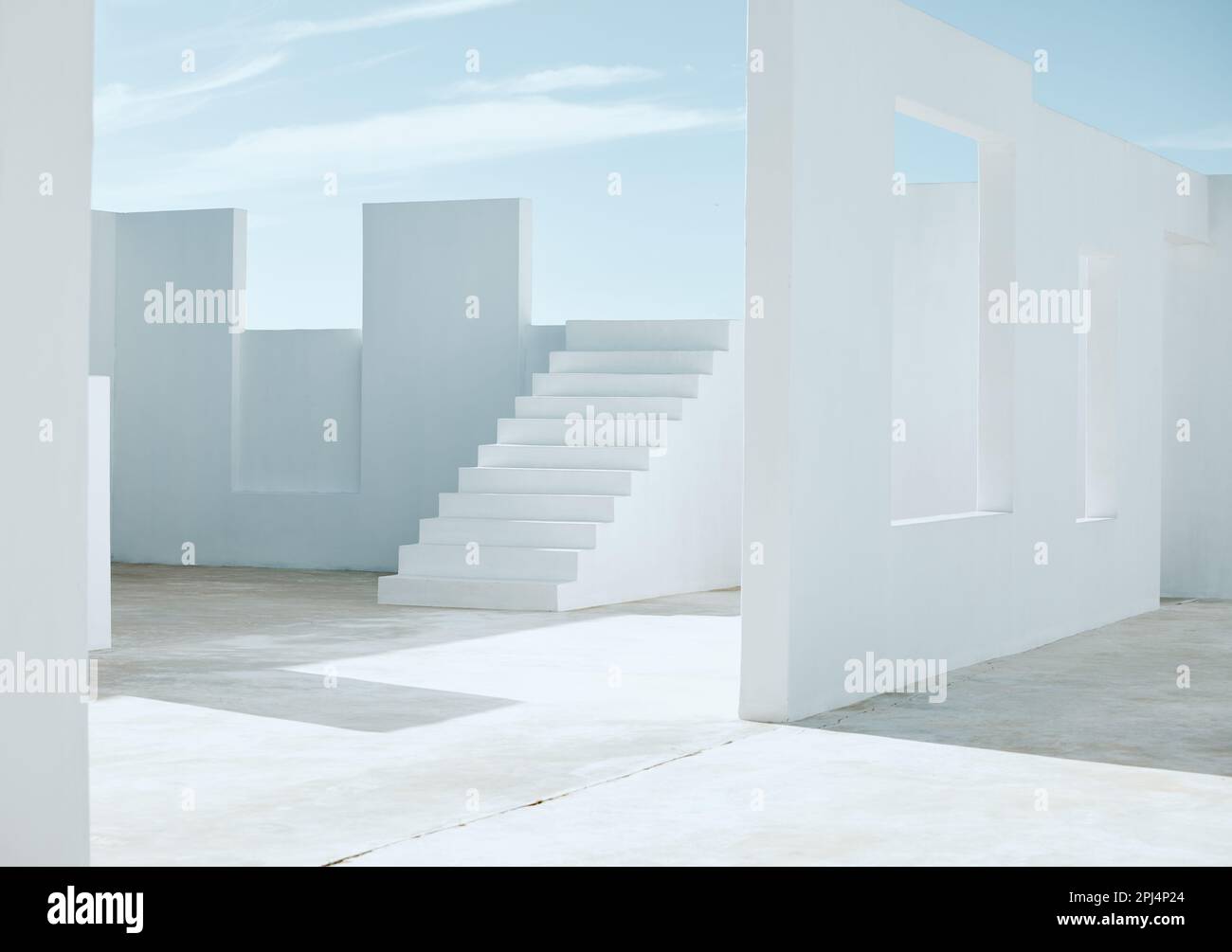 Spazio aperto, sviluppo di edifici e un sito per la costruzione, la manutenzione e il miglioramento della casa. Casa, progetto e pareti, scale e la struttura di Foto Stock