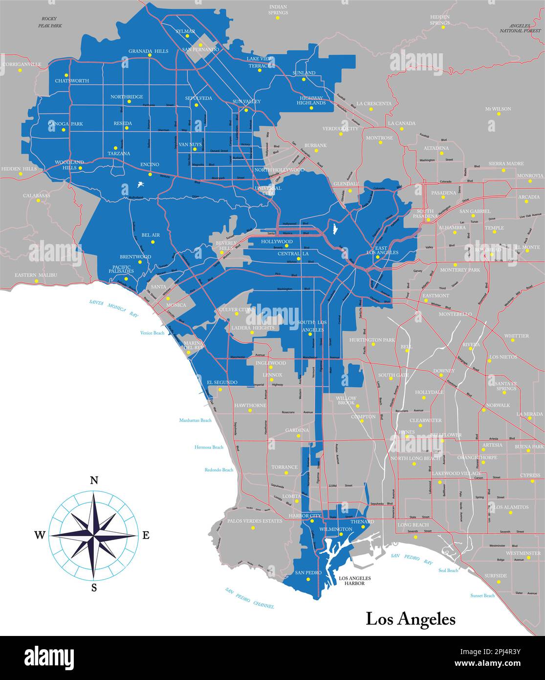 Mappa vettoriale estremamente dettagliata di Los Angeles con tutti i quartieri, l'area metropolitana e le strade principali. Illustrazione Vettoriale