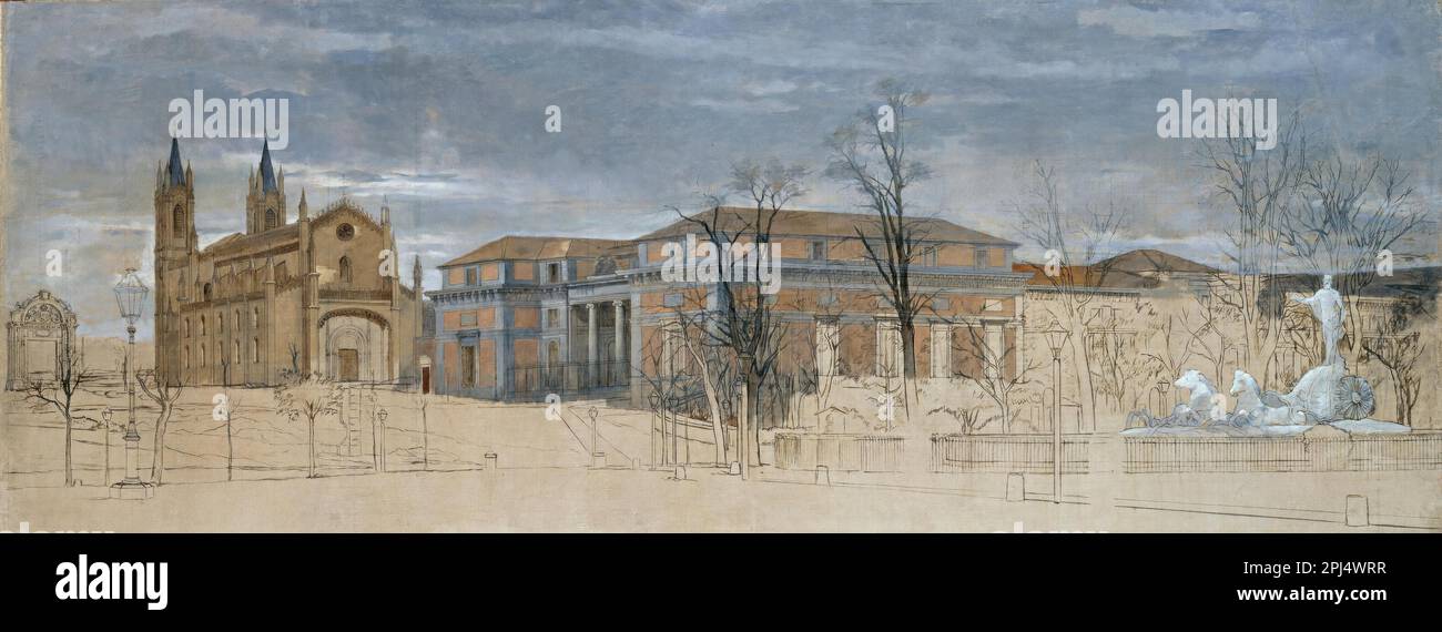 EDUARDO ROSALES GALLINAS/ El Salón del Prado y la iglesia de San JerónimoHacia 1871. Óleo sobre lienzo, 142 x 297,5 cm. MUSEO: MUSEO DEL PRADO, MADRID, SPAGNA. Foto Stock