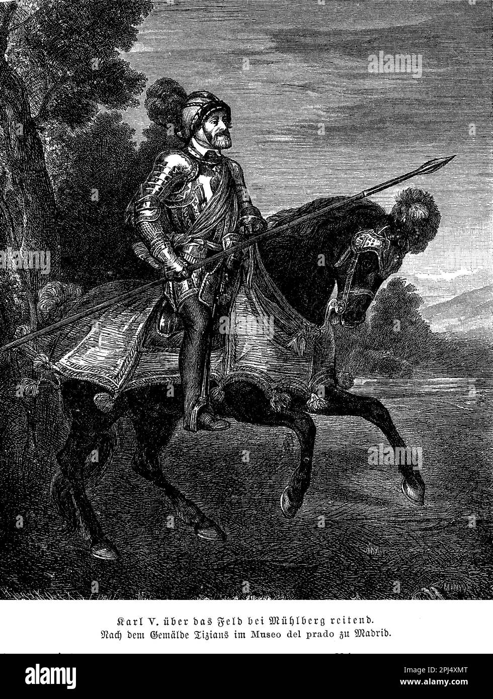 Incisione del dipinto di Tiziano dell'imperatore Carlo V di Spagna alla vittoria di Muehlberg sulla Legue Schmalkaldica il 24th aprile 1547 Foto Stock