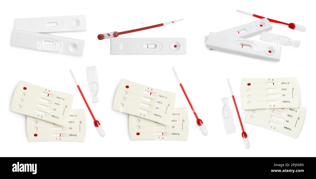 Set con kit per test rapidi monouso per epatite su sfondo bianco. Design del banner Foto Stock