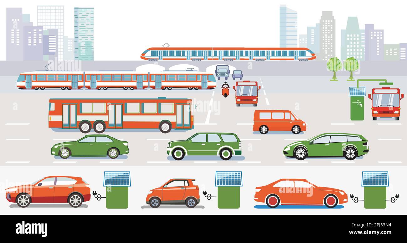 Città con traffico, auto elettriche, transito rapido, panorama, illustrazione delle informazioni Illustrazione Vettoriale