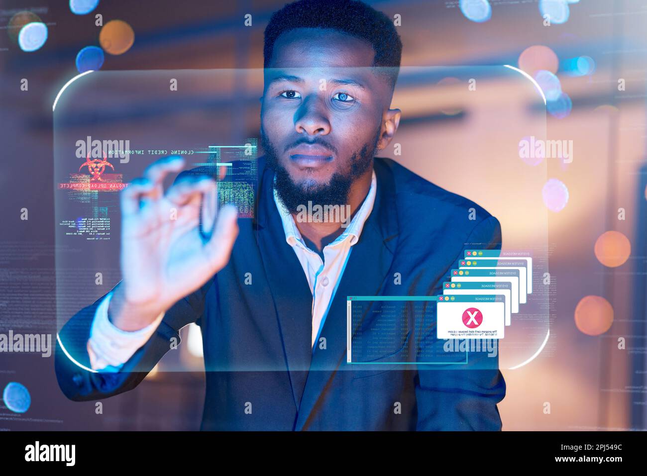 Ologramma, hacker e sicurezza informatica con touchscreen e black man per interfaccia 3D, virus e malware. Futuro, database e software ui con maschio e. Foto Stock