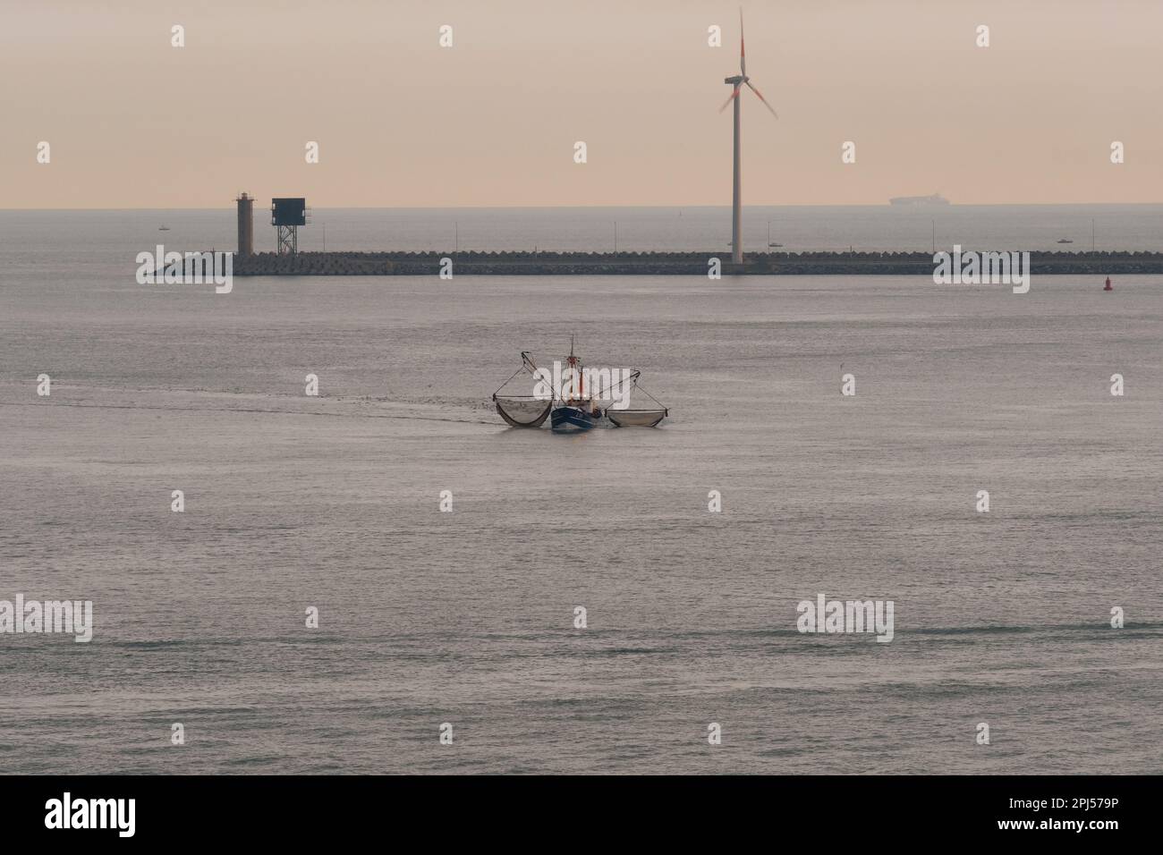Il peschereccio Goede Hoop entra nel porto di Zeebrugge all'alba, in Belgio, nell'agosto 2017. Fotografo: Bryn Colton Foto Stock