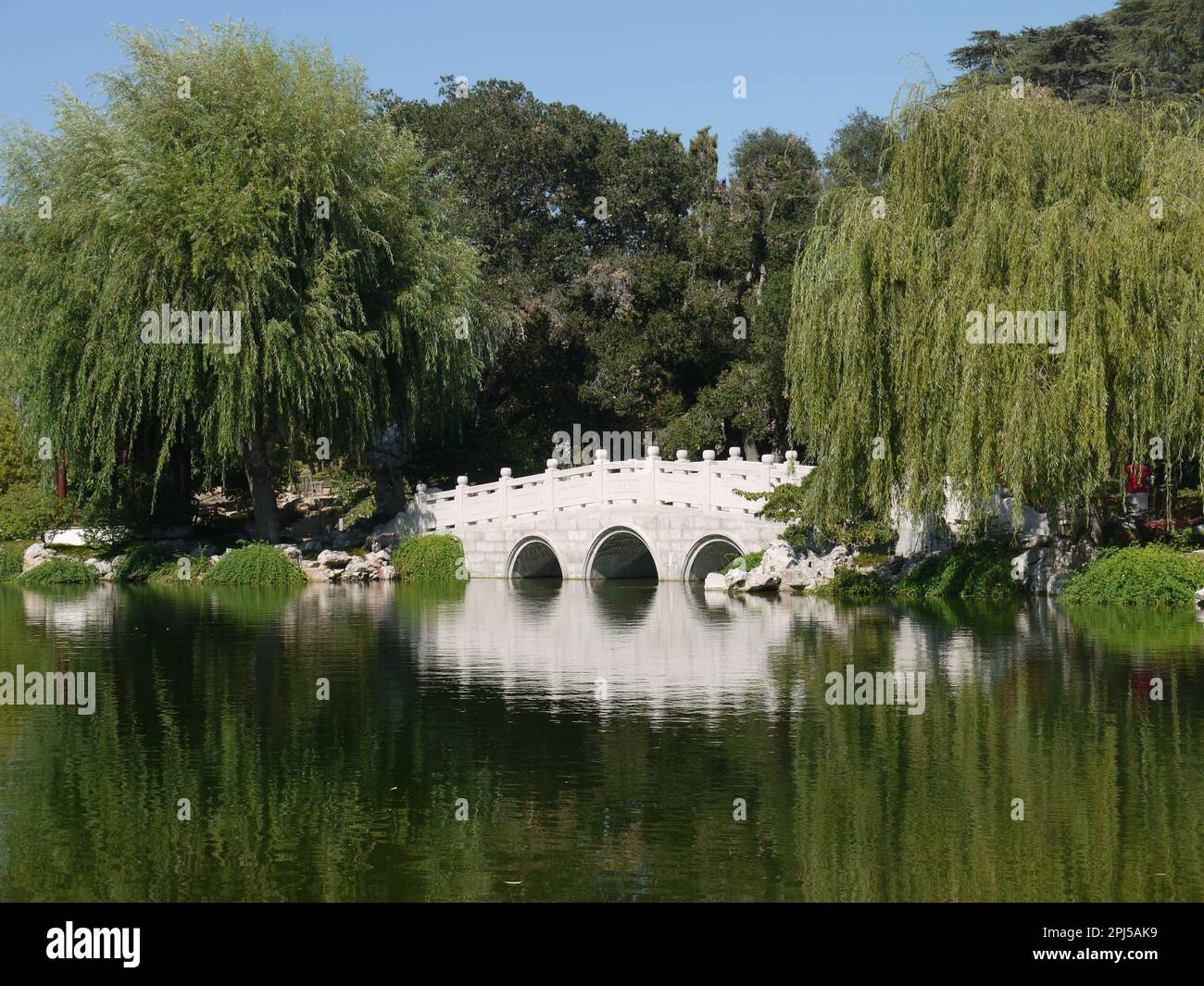Jade Ribbon Bridge sul lago di Fragrance riflessa nel giardino cinese di Fragrance fluente, Huntington Botanical Gardens, San Marino Foto Stock