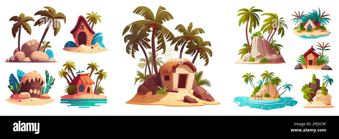 imposta illustrazione vettoriale dell'isola con palme e costa sabbiosa isolata su sfondo bianco Illustrazione Vettoriale