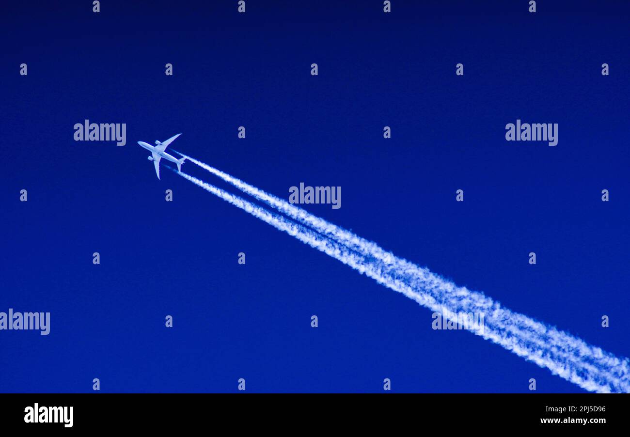 Un jet commerciale a doppio motore che vola ad altitudine di crociera Foto Stock