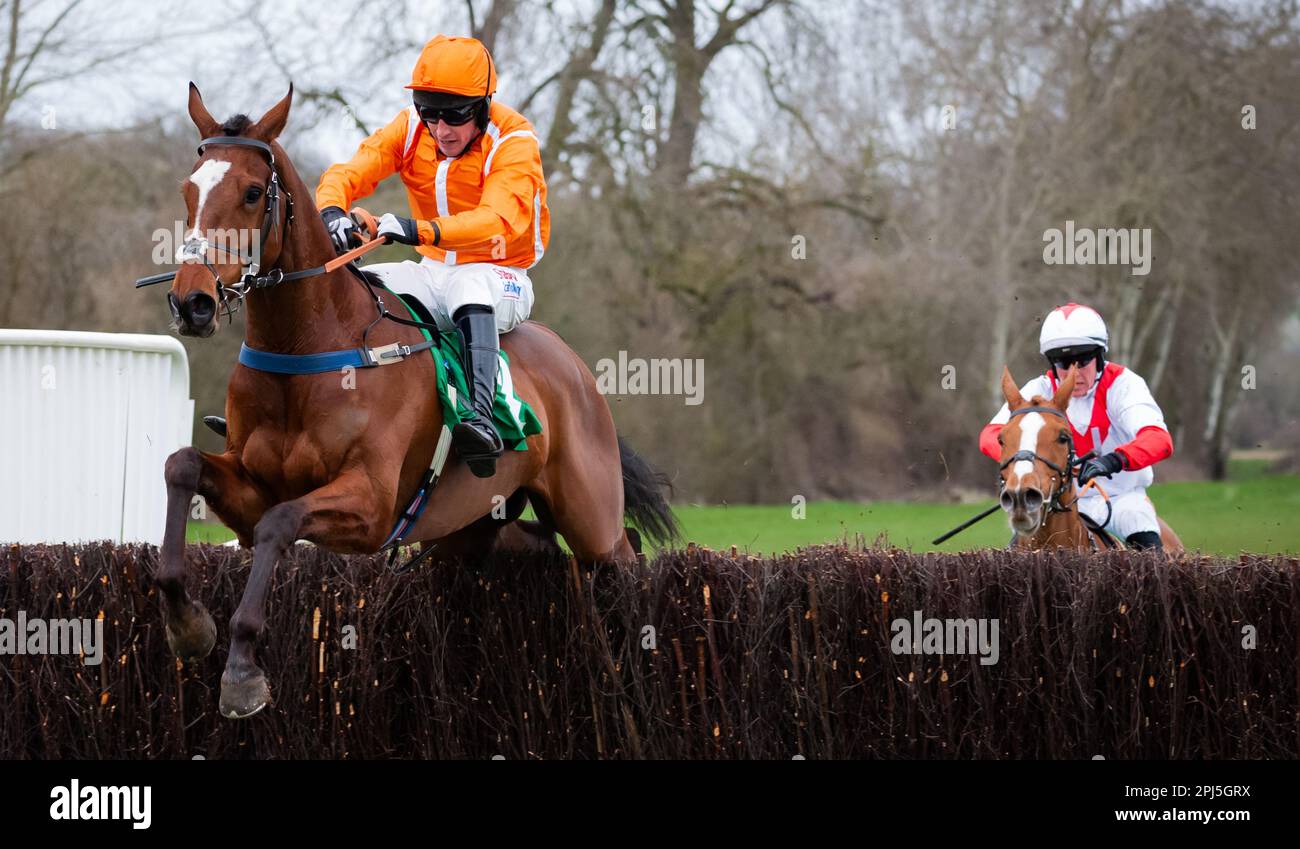 Maisemore Park, Gloucestershire, Regno Unito, 26/03/2023 - Ask Brewster e il jockey Bradley Gibbs vincono la Goffs UK Four and Five Years Old Maiden Race alle gare di Gloucester per la proprietaria Miss Beverley Thomas. Foto Stock