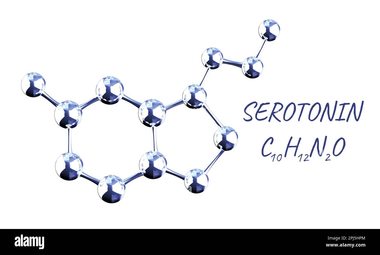 Formula chimica della serotonina - ormone della felicità. Modello molecolare dell'ormone serotoninergico. Isolato su sfondo bianco. Può essere utilizzato per la scienza e l'edu Foto Stock