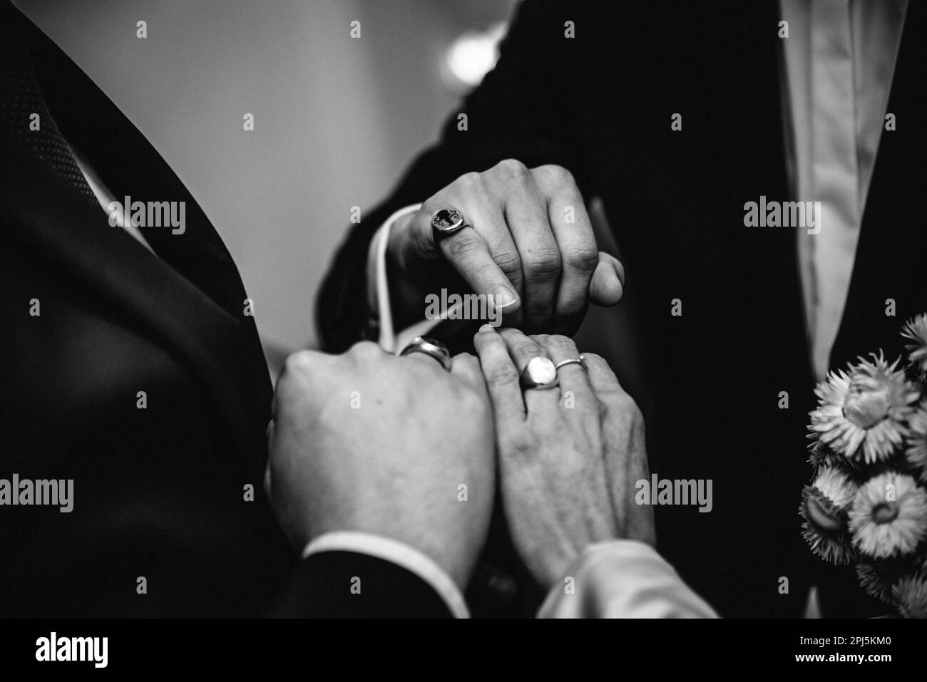 Un primo piano in scala di grigi di una coppia recentemente sposata che si scambiano gli anelli di nozze in un momento tenero e amorevole Foto Stock