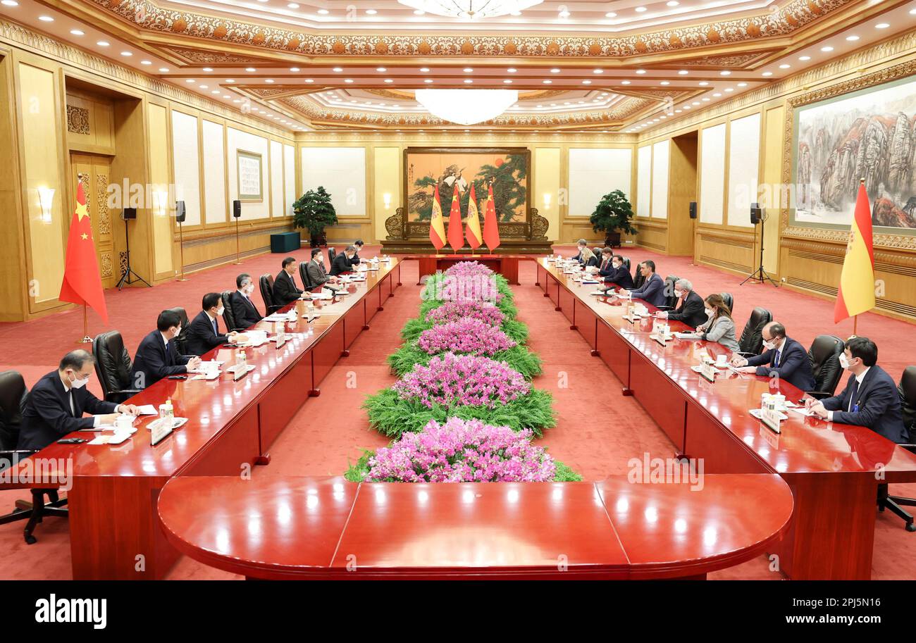 Pechino, Cina. 31st Mar, 2023. Il presidente cinese Xi Jinping incontra il primo ministro spagnolo Pedro Sanchez a Pechino, capitale della Cina, il 31 marzo 2023. Credit: Ding Haitao/Xinhua/Alamy Live News Foto Stock