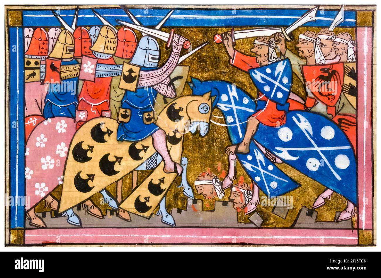 Crociati: Cavalieri in battaglia durante la seconda crociata di Luigi VII di Francia che venne in aiuto del re di Gerusalemme, Baudoin III, contro i saraceni, manoscritto francese illuminato del 14th ° secolo, 1301-1399 Foto Stock