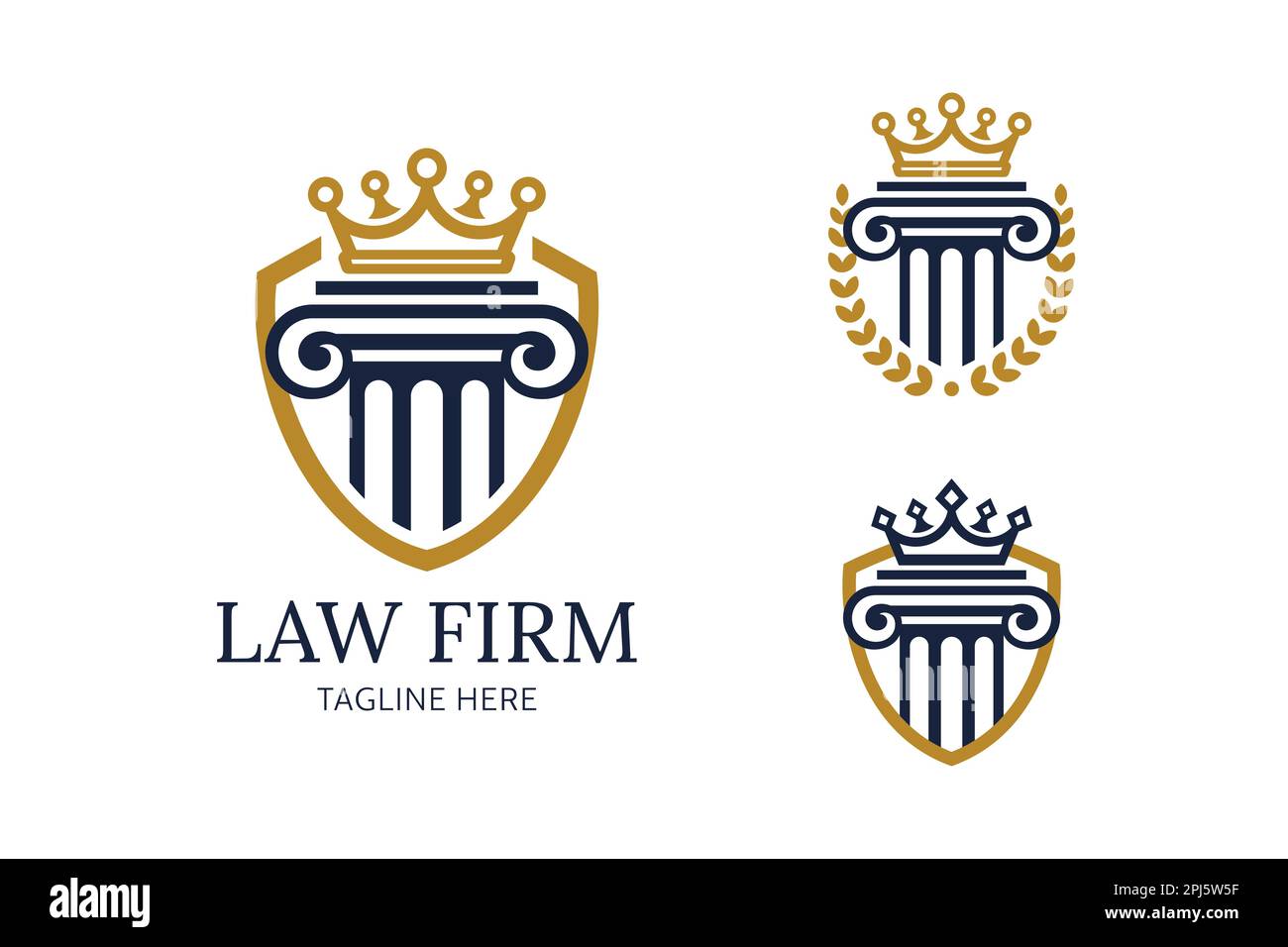 Set di logo vettoriali per studi legali. Colonne-colonnine con corone. Logo di legge per la giustizia, avvocato, società di diritto o persona. EPS vettore 10. Isolato su un bianco Illustrazione Vettoriale