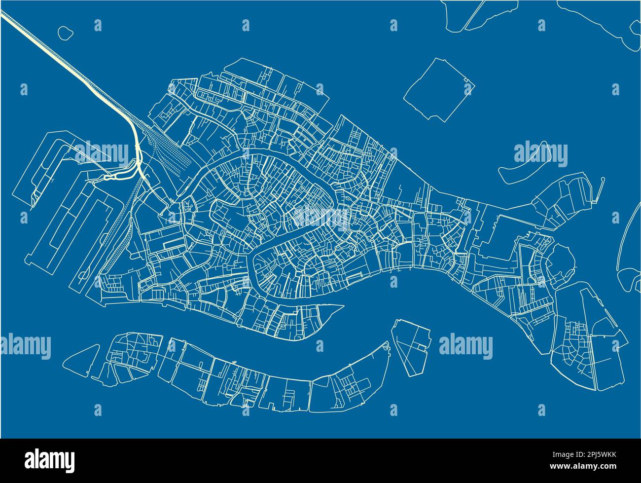 Mappa vettoriale blu e bianco della città di Venezia con strati separati ben organizzati. Illustrazione Vettoriale