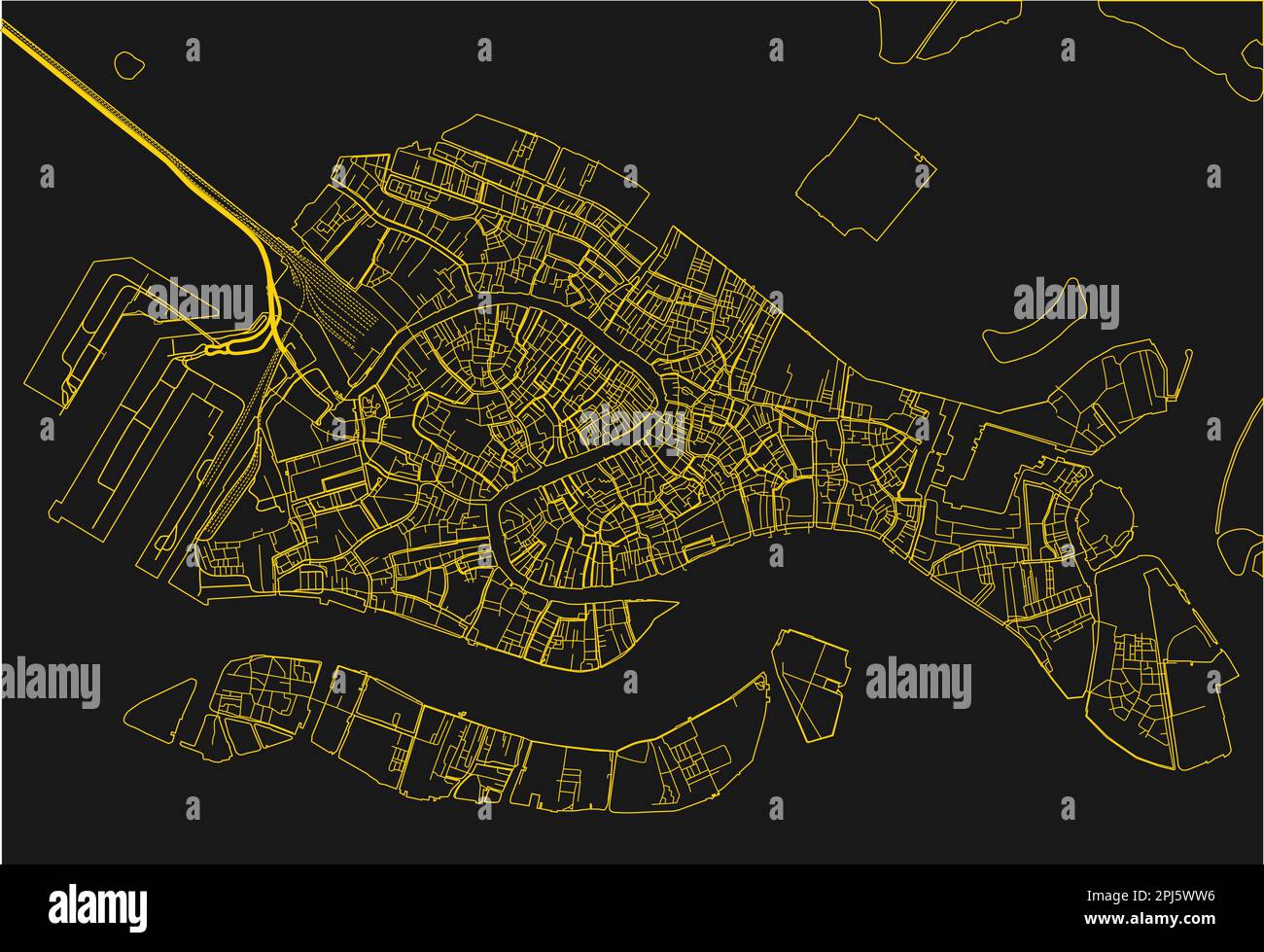 Mappa vettoriale nera e gialla della città di Venezia con strati separati ben organizzati. Illustrazione Vettoriale