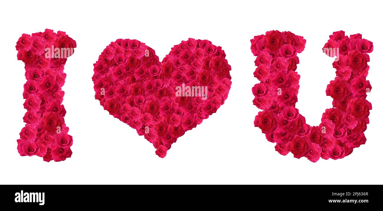 Ti amo l'alfabeto fatto di rose rosse, isolato su sfondo bianco Foto Stock
