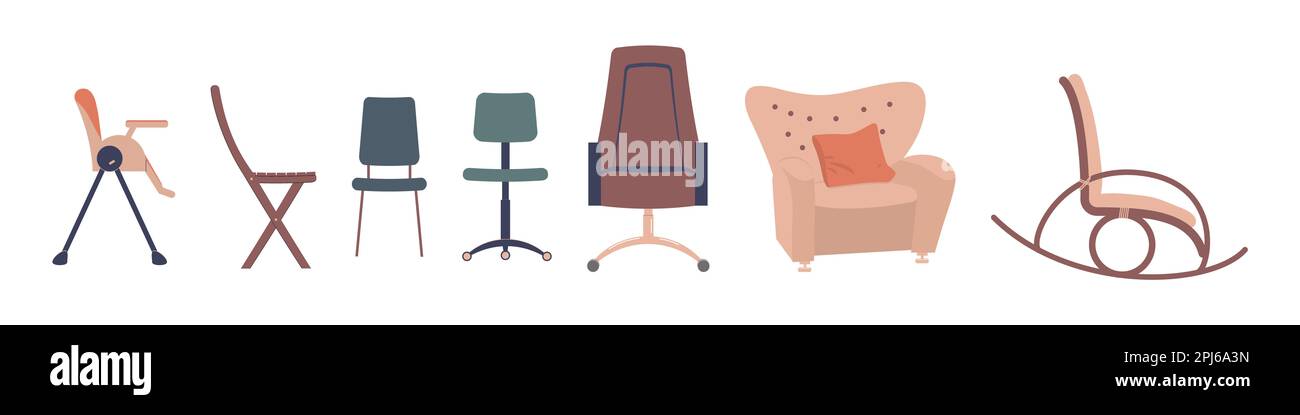 Set di sedie diverse. Concetto di evoluzione delle sedie sul percorso di vita della persona. Sedia per l'allattamento, sedia da ufficio, sedia a dondolo per pensionati. Raster Foto Stock