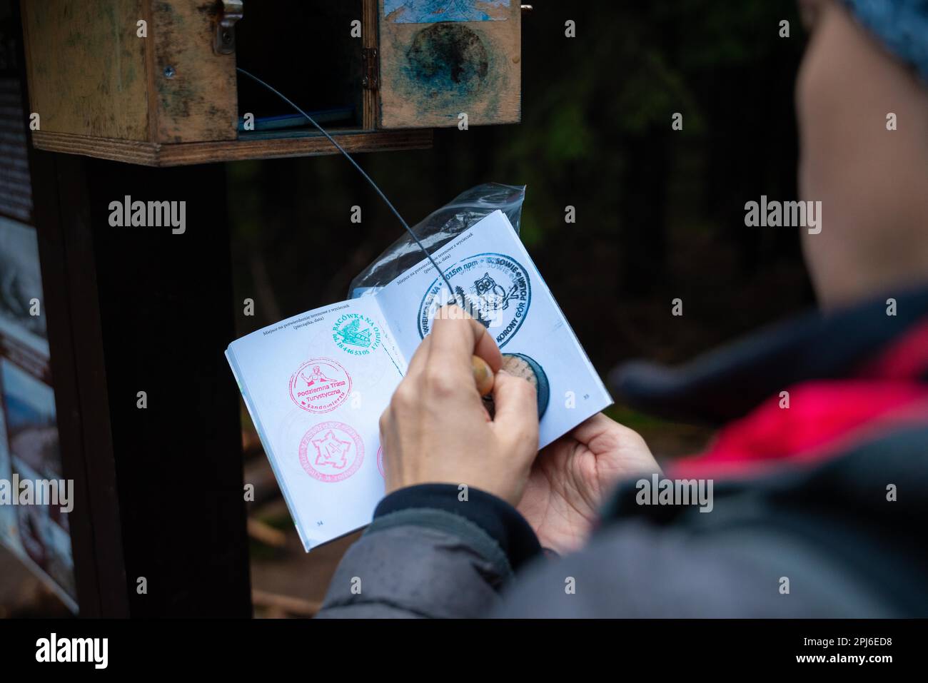 XuMom francobolla il libro turistico con francobolli decorativi dopo aver raggiunto la vetta della montagna. Montagne polacche, Polonia, Europa Foto Stock