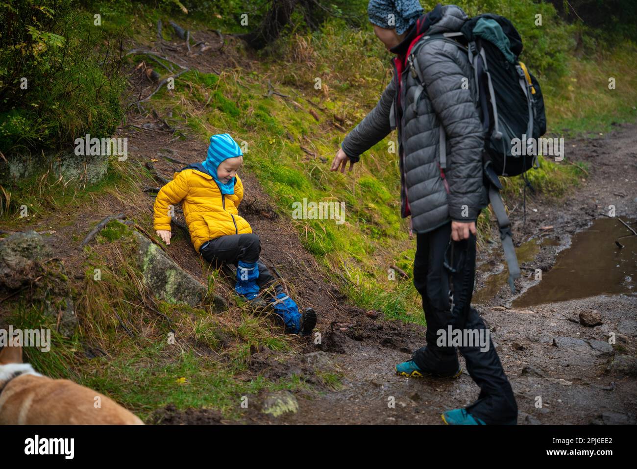 Il bambino scivolò e cadde sul terreno bagnato e in pendenza. Montagne polacche, Polonia, Europa Foto Stock