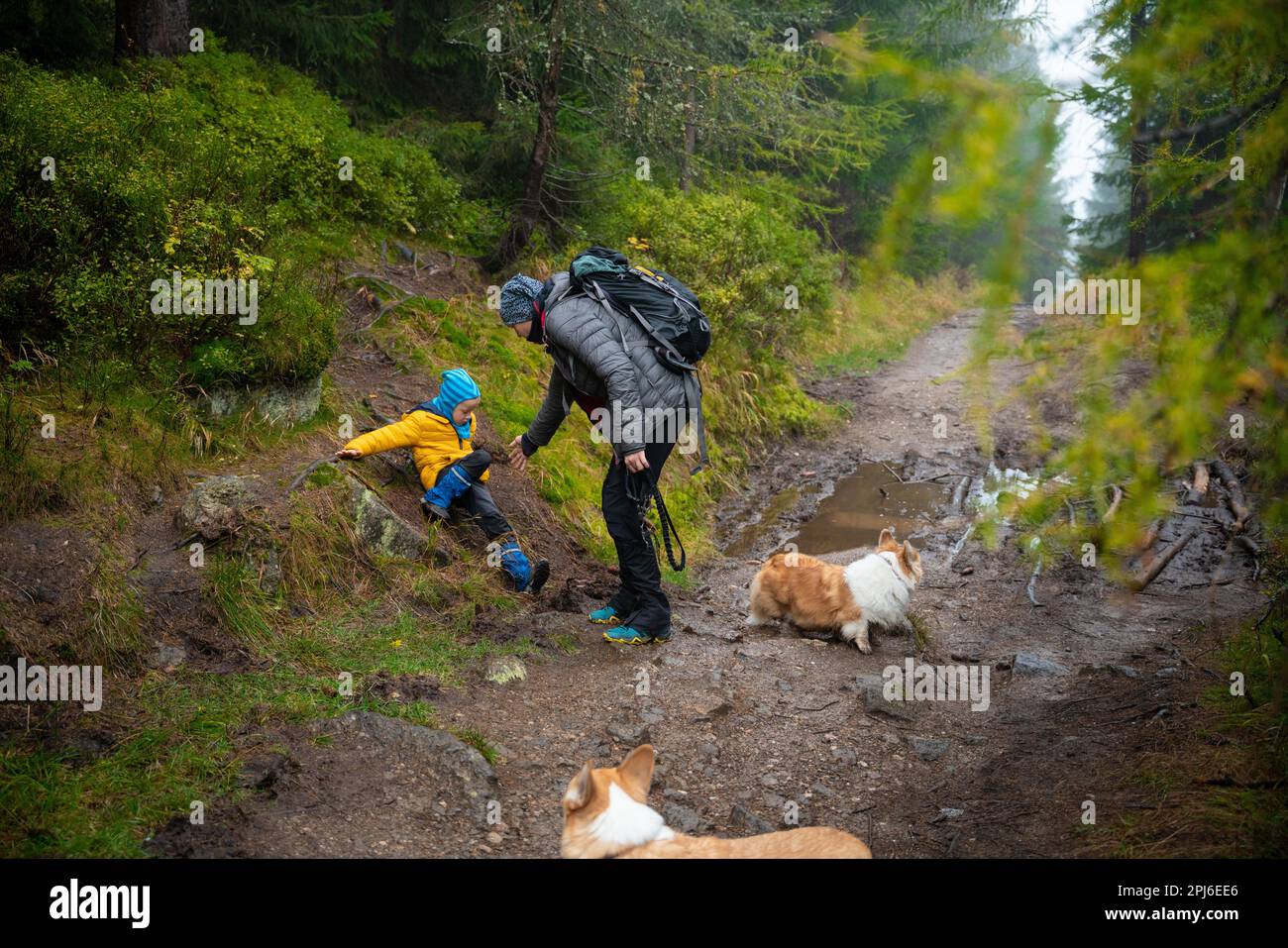 Il bambino scivolò e cadde sul terreno bagnato e in pendenza. Montagne polacche, Polonia, Europa Foto Stock