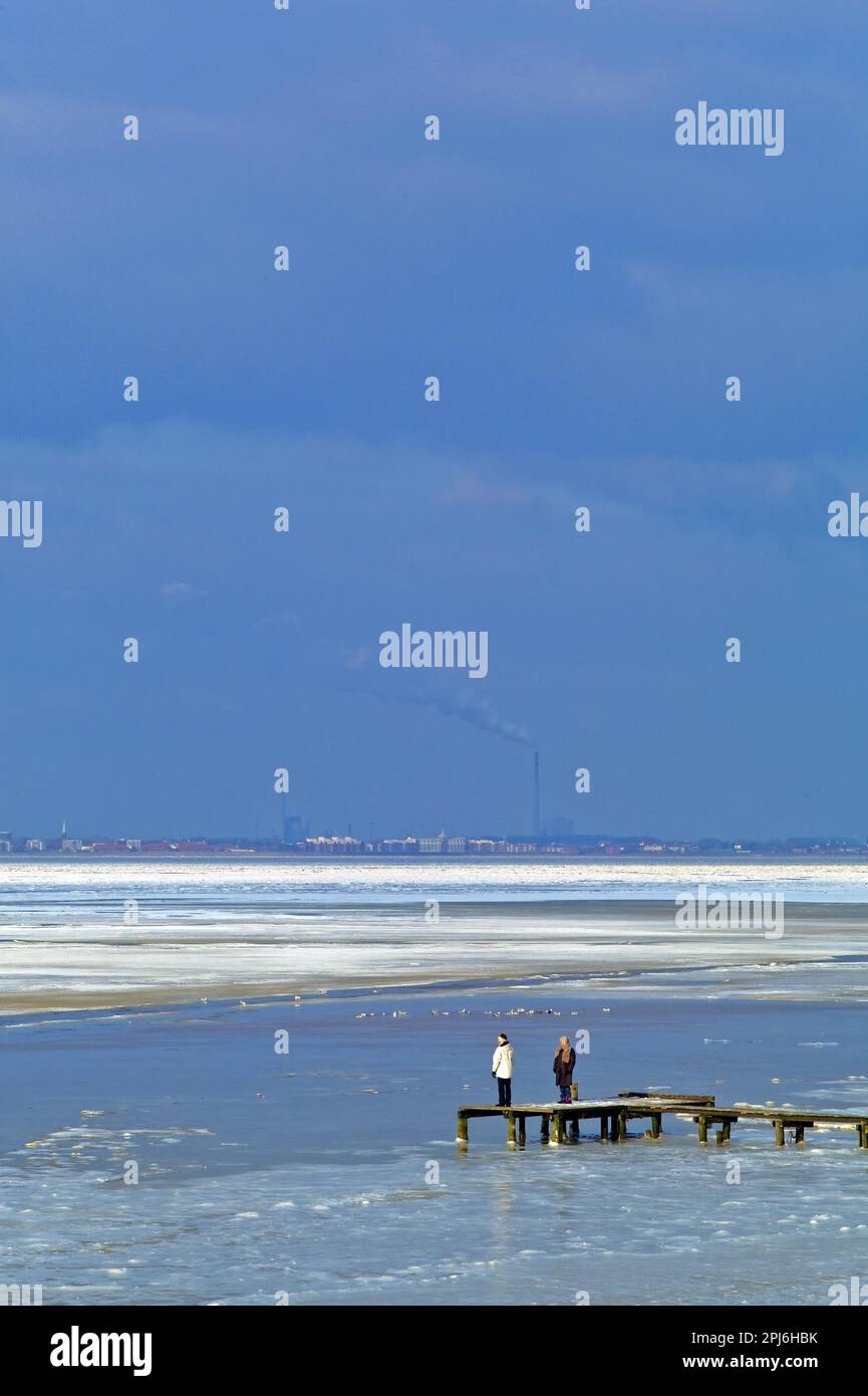 Vista sulla baia ghiacciata di Jade verso Wilhelmshaven, Dangast, Friesland County, Germania Foto Stock
