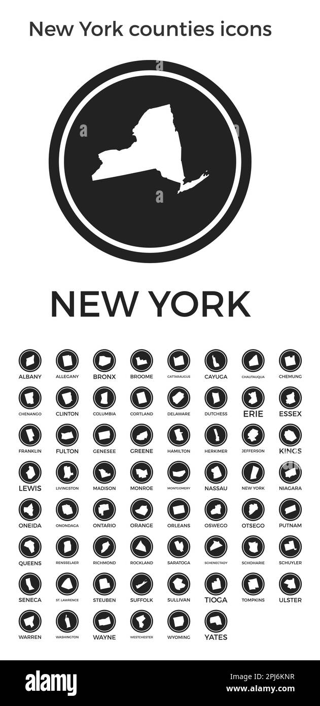 Icone delle contee di New York. Loghi rotondi neri con mappe e titoli delle contee degli Stati Uniti. Illustrazione vettoriale. Illustrazione Vettoriale