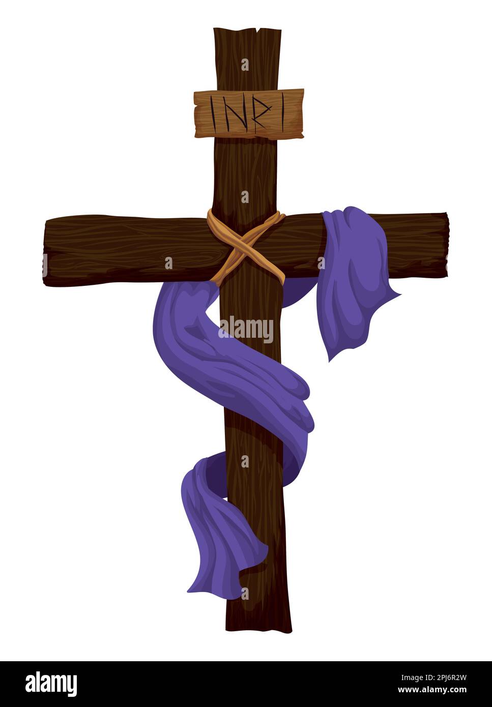 Croce cristiana in legno decorata con segno INRI e stoffa viola per la Quaresima. Design isolato in stile cartone animato. Illustrazione Vettoriale