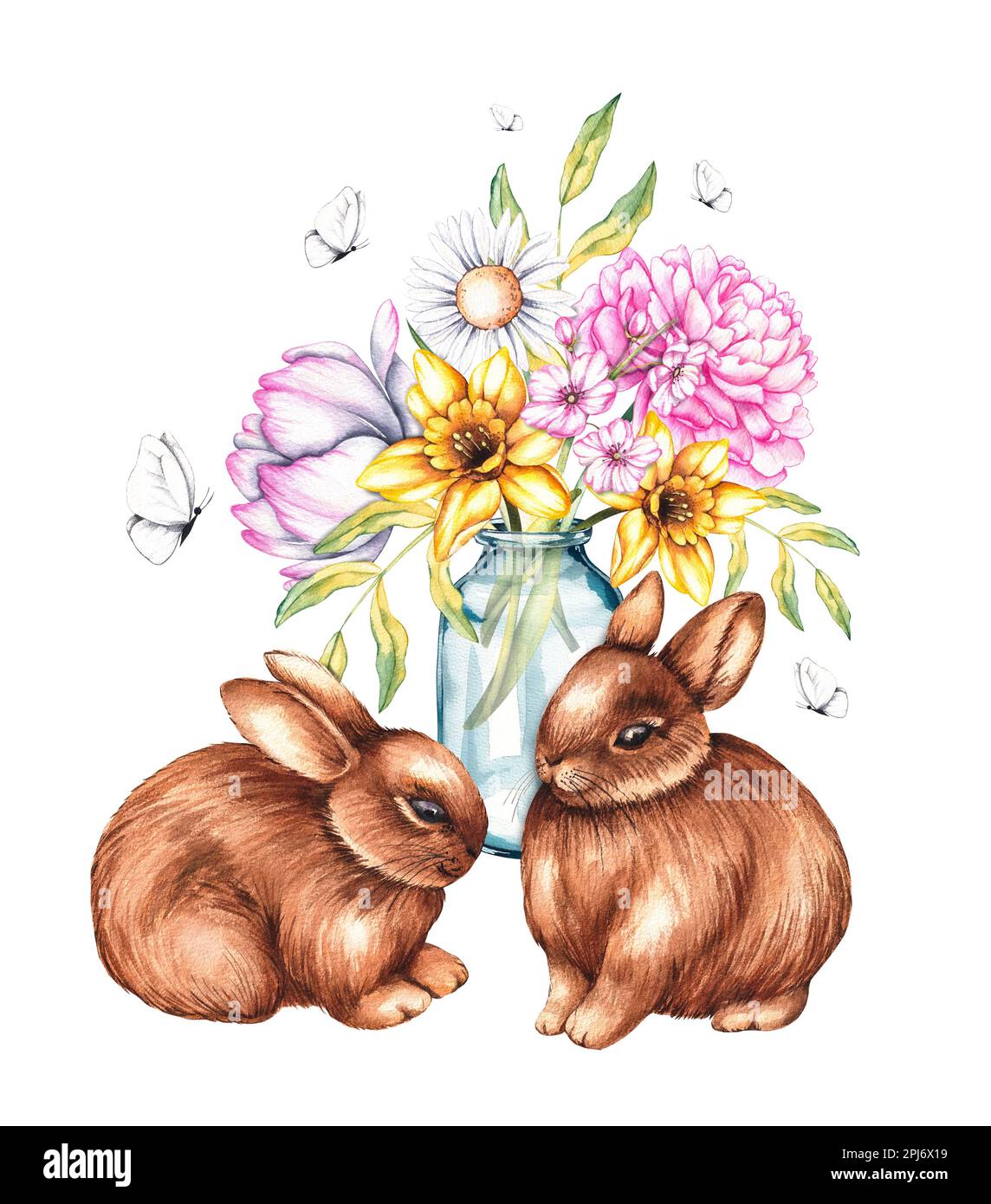 Lepri acquerelli con bouquet in vaso su fondo bianco per la progettazione di adesivi, cartoline, volantini, striscioni, tessuti, invito, social networ Foto Stock
