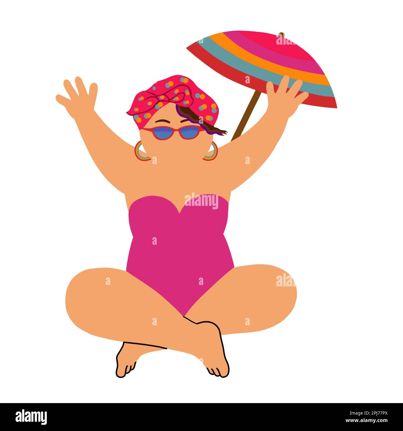 Una giovane donna chuby più taglia in un braccio di sollevamento costume da bagno, con ombrellone. Concetto di stile di vita per le vacanze in libertà. Illustrazione della clip art. Foto Stock