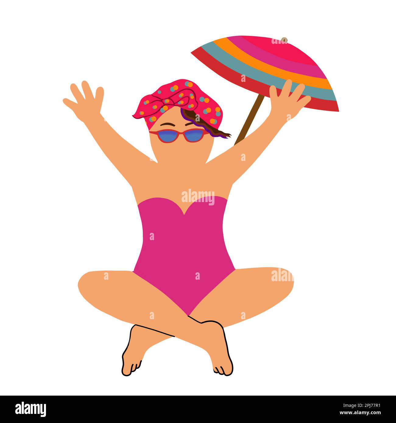 Una giovane donna caucasica in un braccio di sollevamento da bagno, con ombrellone. Concetto di stile di vita per le vacanze in libertà. Illustrazione della clip art. Foto Stock
