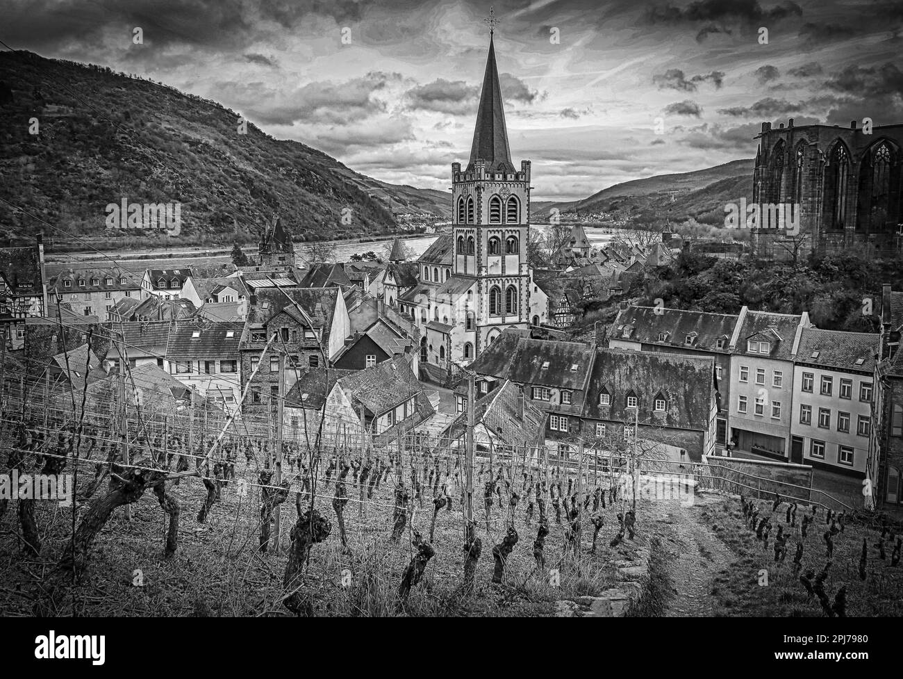 Immagine monocromatica di Bacharach (Bacharach am Rhein), dal Postenturm, distretto di Magonza-Bingen, Germania, guardando verso sud verso Magonza Foto Stock