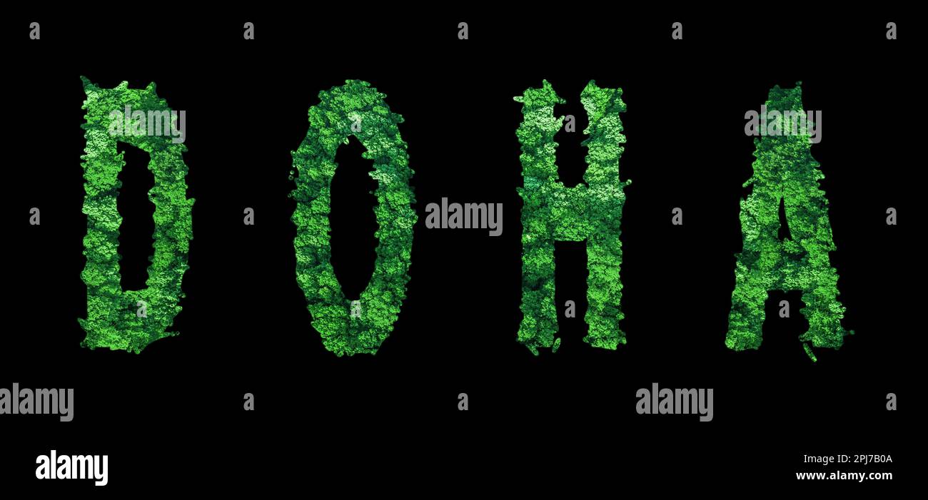 Doha lettering, Doha Forest Ecology Concept on Black, Clipping Path Foto Stock