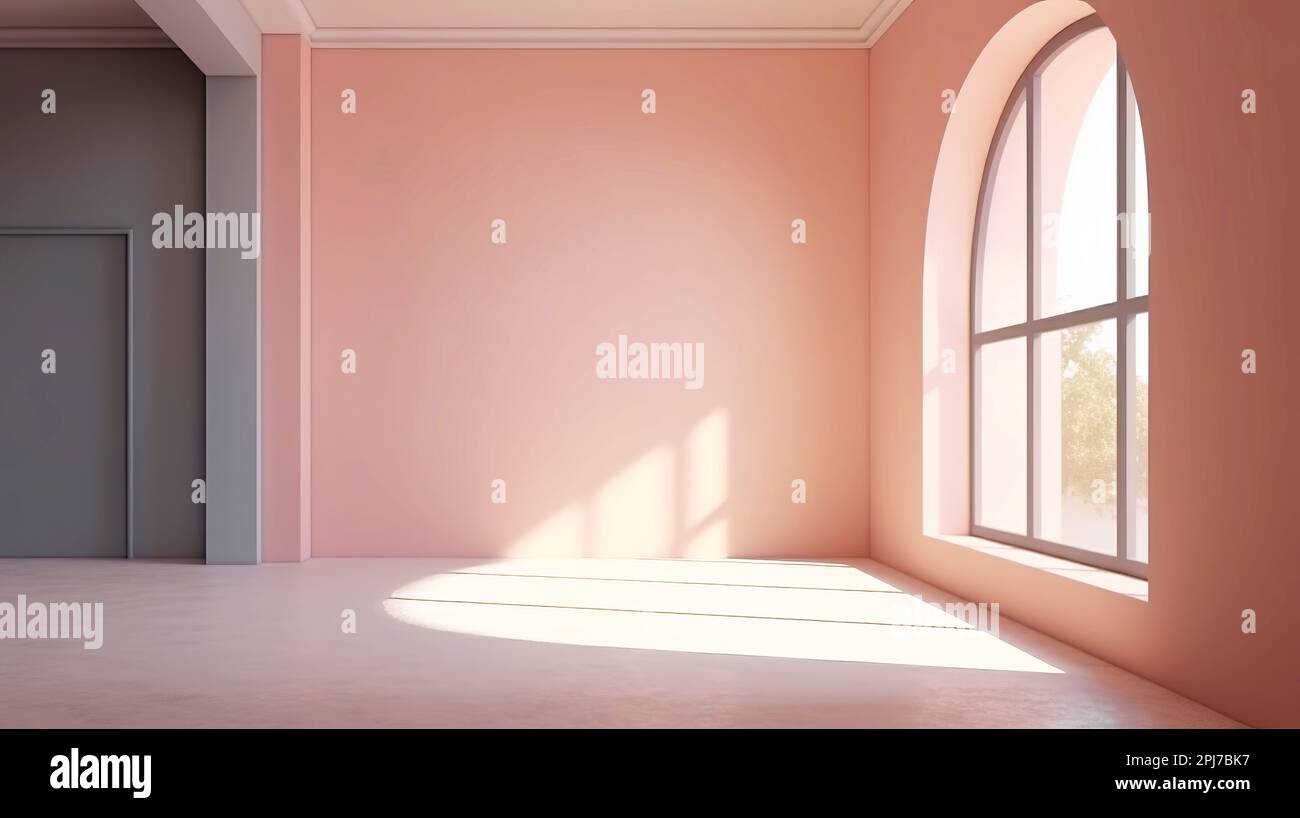 Camera spaziosa e realistica con ampie finestre. Camera vuota rosa. Interno Foto Stock