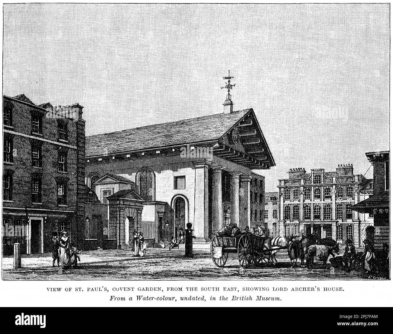 Incisione di St Paul's, Covent Garden, dal sud-est, che mostra la casa di Lord Archer, Londra, circa 1880 Foto Stock