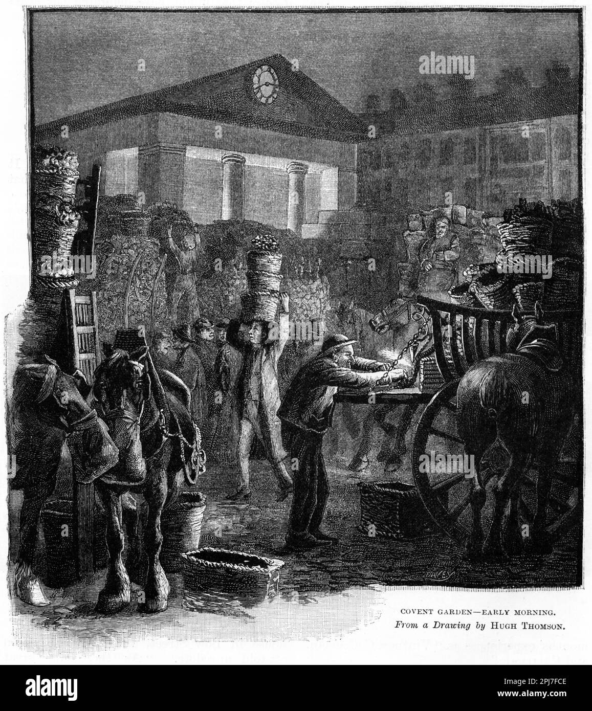 Incisione della mattina presto a Covent Garden, Londra, circa 1880 Foto Stock