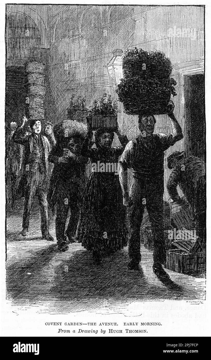 Incisione di persone che portano i loro frutti e vegi al mercato di Covent Garden a Londra , circa 1880 Foto Stock