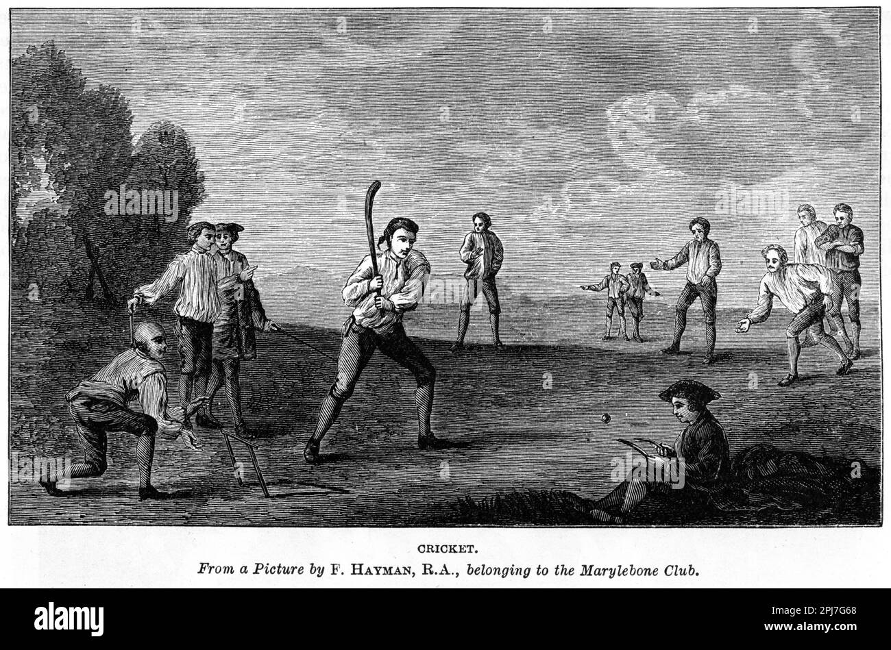 Incisione di, un primo gioco di cricket, pubished circa 1880 Foto Stock
