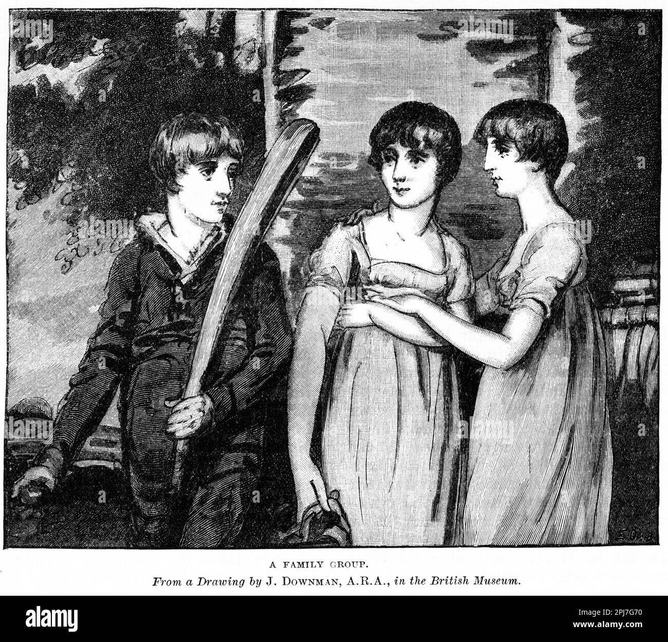 Incisione di un giovane cricket con le sue sorelle, intorno al 1880 Foto Stock
