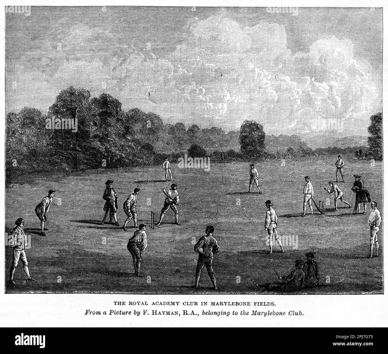 Incisione di, un primo gioco di cricket, pubished circa 1880 Foto Stock