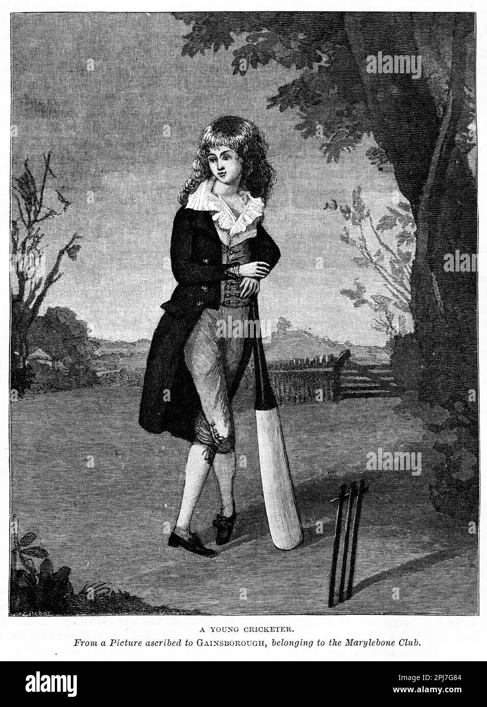Incisione di un giovane cricketer, circa 1880 Foto Stock