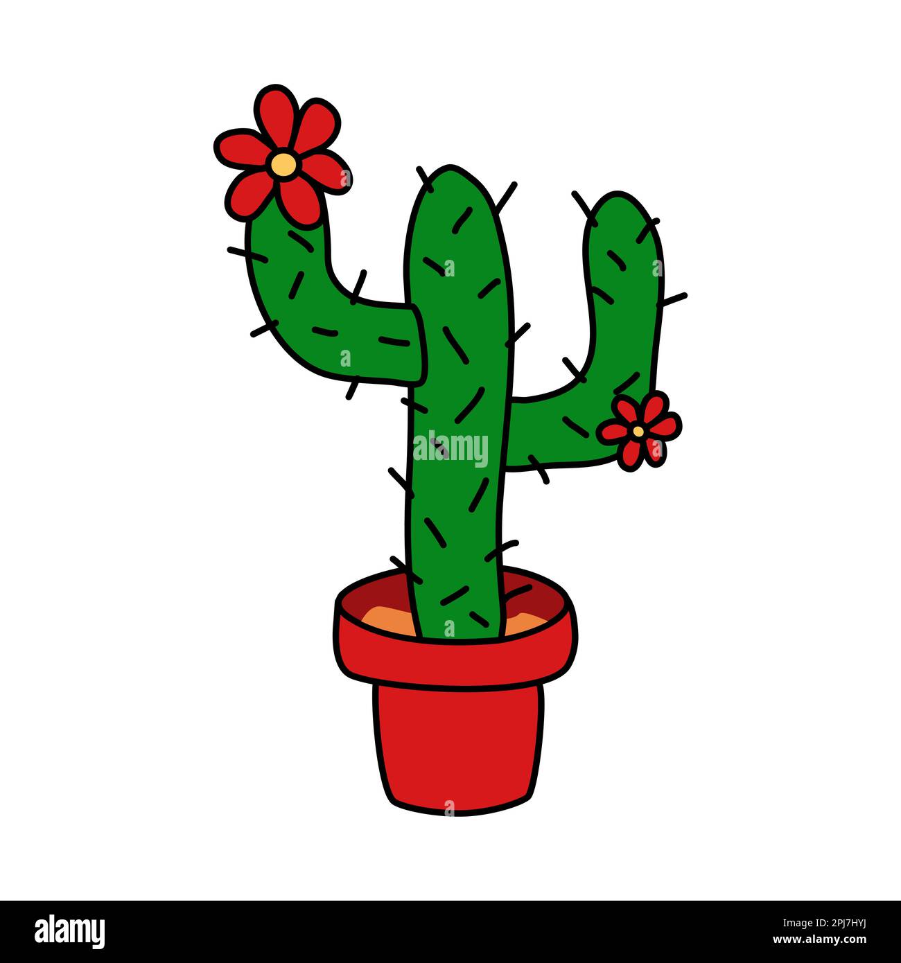 Saguaro o Carnegia cactus con fiori in vaso, disegno vettoriale a barbatella piatta Illustrazione Vettoriale