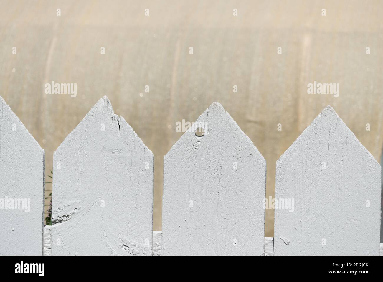 primo piano di un picket bianco dipinto recinto top su uno sfondo materiale Foto Stock
