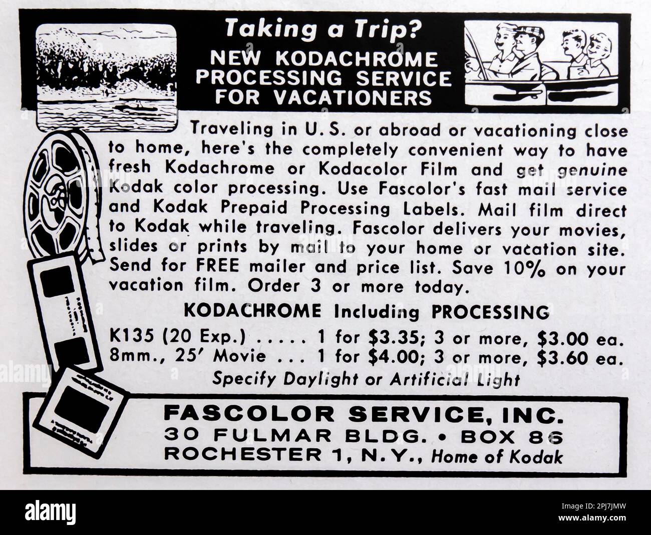 Kodachrome servizio di elaborazione per vacanzieri - Fascolor NY pubblicità in una rivista NatGeo, luglio 1958 Foto Stock